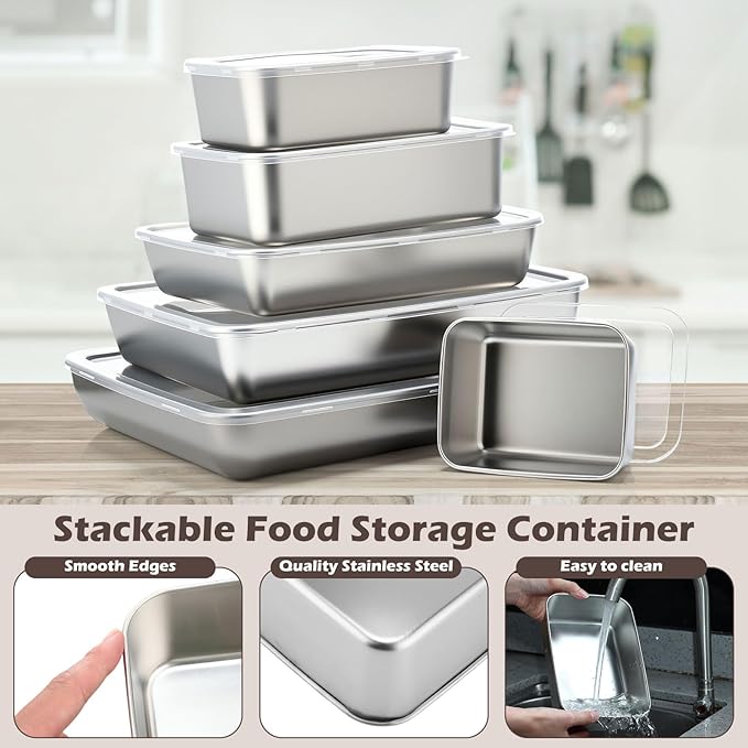 12pcs 6 Sizes Stainless Steel Food Storage Container with Lid Reusable Meal Prep Container Stackable Metal Storage Box Kitchen Tray for Meat Marinating Oven Freezer Leftovers Dishwasher Safe