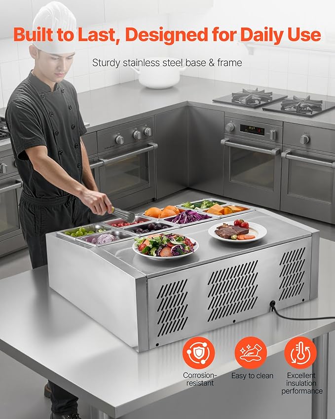 VEVOR Refrigerated Condiment Prep Station, 150 W Countertop Refrigerated Condiment Station, with Eight 1/6 Pans, 304 Stainless Body and PC Lid, Sandwich Prep Table, for Restaurant & Food Stall