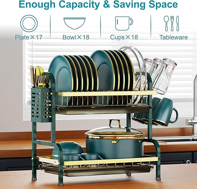 Dish Drying Rack,2 Tier Stainless Steel Dish Rack Drainboard Set,Utensil Holder, Cup Holder,Dish Drainer for Kitchen Counter,Space-Saving (Green Gold)