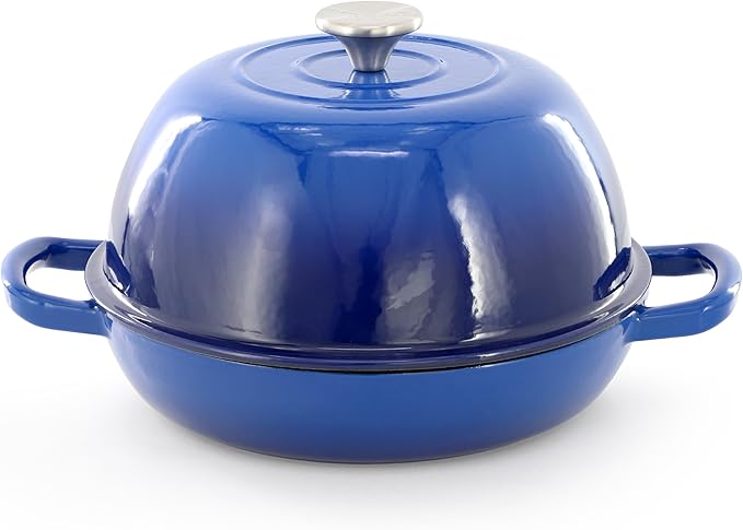 MegaChef 6 Quart Enameled Cast Iron Bread Pot in Red with Baking Mat, Dutch Oven, Bread Oven for Homemade Bread (Blue)