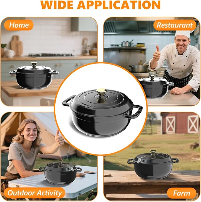 ROVSUN Enameled Cast Iron Round Dutch Oven, 6QT Pot with Lid &Dual Handles with Silicone Gloves,Oven Safe up to 500°F, Heavy-Duty Pre-Seasoned Cookware for Bread Baking, Braising, Stews, Roasting, Black