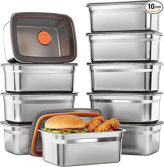 10 Pack Stainless Steel Food Storage Containers with Airtight Lids, 50 Oz Each - Stackable, Leakproof Kitchen/Freezer Meal Prep Containers (Dishwasher Safe)