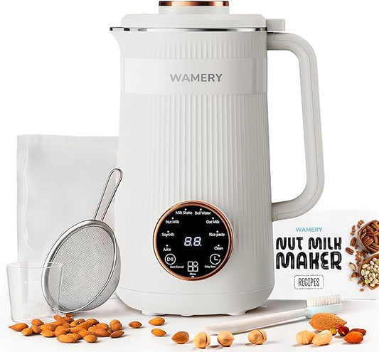Wamery 32oz Nut Milk Maker Machine - Plant‑Based Milk Maker for Almond, Oat & Soy, Automatic Heated Programs, Self‑Cleaning, Delay Start, Keep Warm & Boil Water, 1‑Liter Capacity with Starter Kit