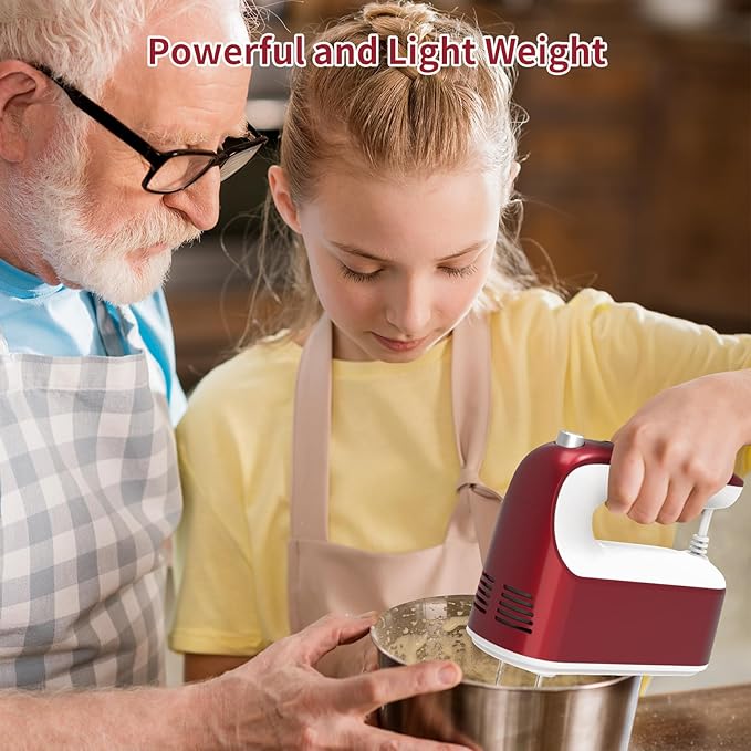 9-Speed Digital Hand Mixer Electric, 400W Powerful DC Motor, Hand Mixer Electric Handheld with Snap-On Storage Case, 5 Stainless Steel Accessories, Beaters, Dough Hooks, Whisk(Red/White)