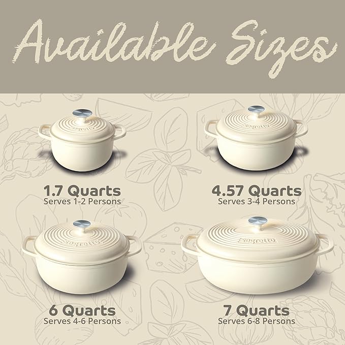 Segretto Cookware Enameled Cast Iron Dutch Oven, 6 Quarts, White