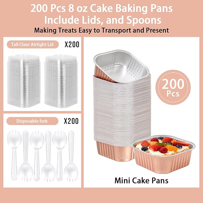 200 Pack 8 oz Champagne Square Mini Cake Pans with Lids, Aluminum Foil Square Brownie Baking Cups for Ramekins Muffin Cupcake Wedding Birthday Party