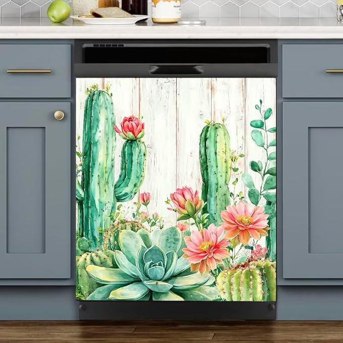 Cactus Succulent Floral Dishwasher Magnet Cover, Desert Plants Refrigerator Magnetic Vinyl Sticker for Dishwasher Door, Rustic Wood Decorative Kitchen Appliance Panel Decal, 23Wx26H Inches