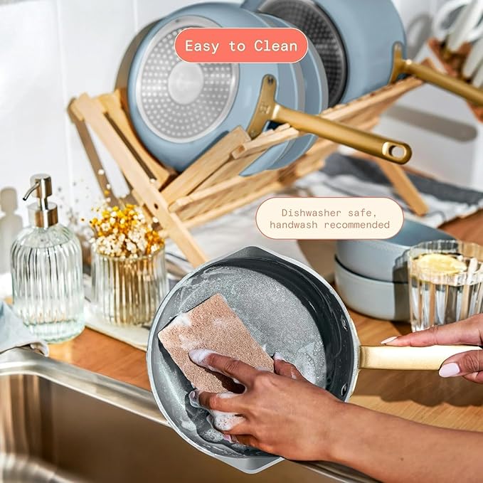 Pans12pc Ceramic Non-Stick Cookware Set by Drew Barrymore, Pots & Pans with Lids, Dishwasher‑Safe,Soft‑Touch Handles, Even‑Heat Base. (Cornflower Blue)