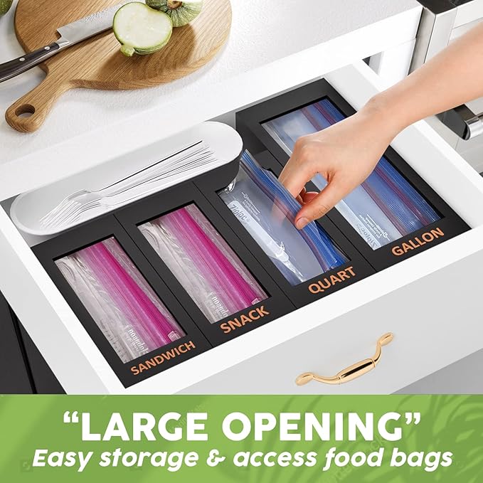 DALSHABET Bamboo Storage Bag Organizer for Kitchen Drawer, 4 Separate Food Storage Bag Organizer, 12x14 Baggie Organizer Dispenser for All Brands Gallon, Snack, Sandwich & Quart Slider Bags Black
