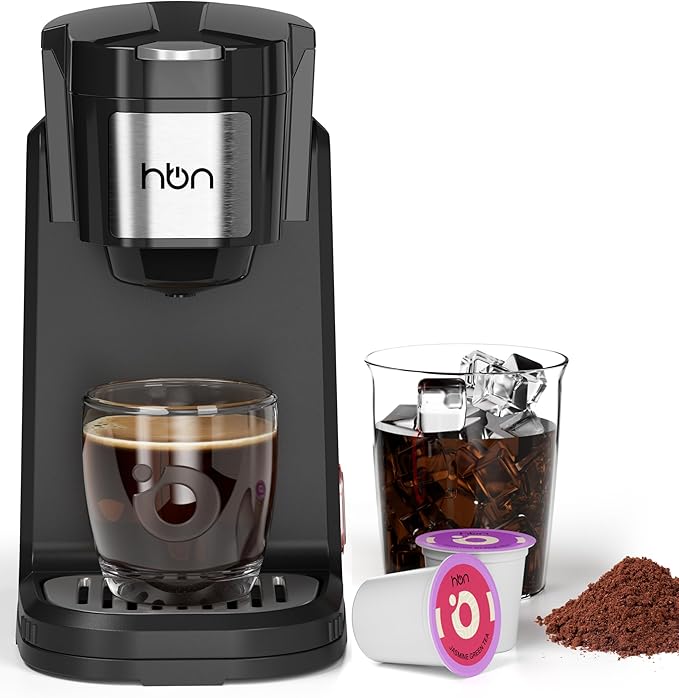 HBN Single Serve Coffee Maker for K-Cup & Ground Coffee, Fast Brew One Cup Coffee & Tea Machine with 10oz Stainless Steel Tank, Compact Design Capsule Coffee Machine, Black