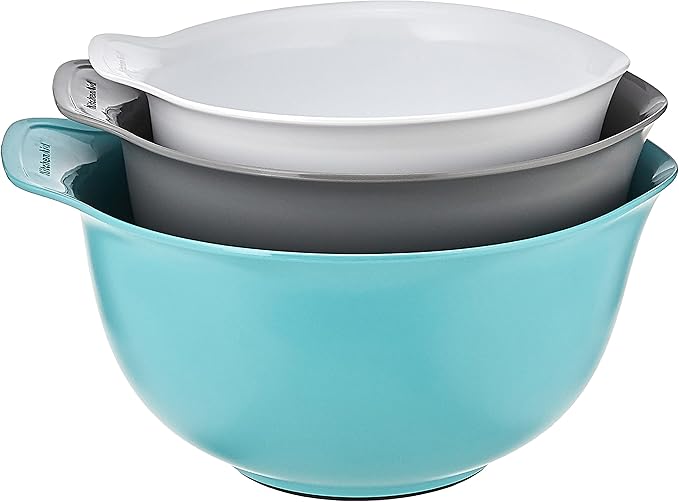 KitchenAid Universal Nesting Plastic Mixing Bowls,Set Of 3,2.5 quart,3.5 quart,4.5-quart,Non Slip Base with Easy Pour Spout to Reduce Mess,Dishwasher Safe,Aqua Sky,White,Gray,(Pack of 2)