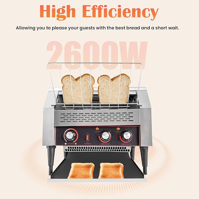 150/450 Slices/Hour Commercial Conveyor Toaster, Stainless Steel Heavy Duty Industrial Bread Baking Machine w/ 3 Ring Heating Tubes for Baking Sliced Bread, Toast (2600W(TT-450L))