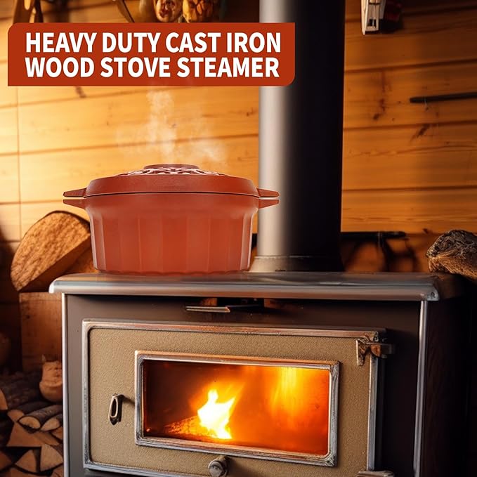 1MORE Wood Stove Steamer- Wood Stove Humidifier Cast Iron with Porcelain Enamel Coating, Fireplace Steamer Pot, Rust Resistant, Home Indoor Decorative, 2.5 Quart Capacity,Red