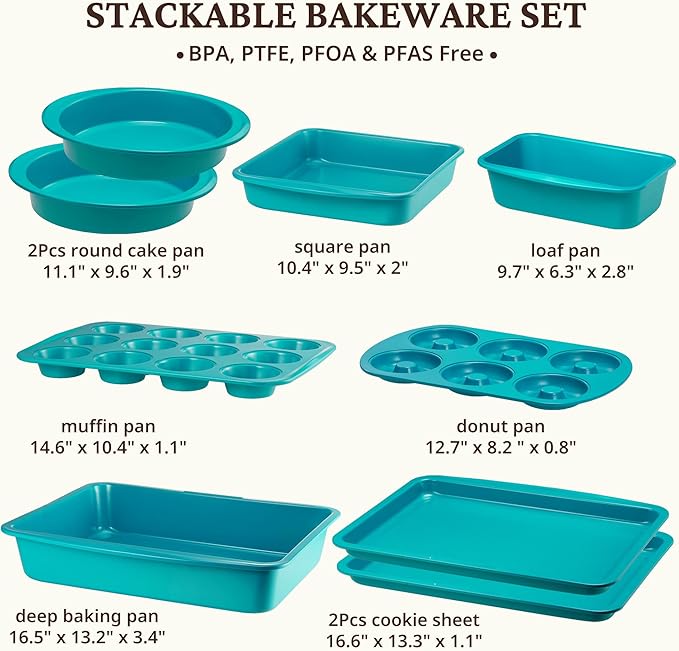 BRONYPRO Ceramic Baking Pans Set, 9-Piece Baking Sheet Set with Non-Stick Coating and Innovative Handles, Includes Exclusive Donut Pan – Ideal for Home and Professional Baking(Turquoise)