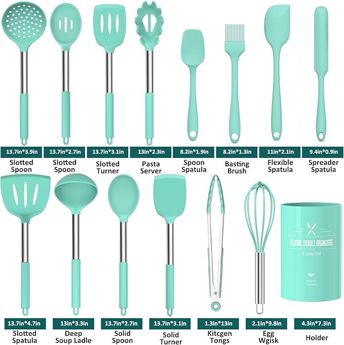 Silicone Cooking Utensil Set, Umite Chef 15pcs Silicone Cooking Kitchen Utensils Set, Non-stick - Best Kitchen Cookware with Stainless Steel Handle - Green