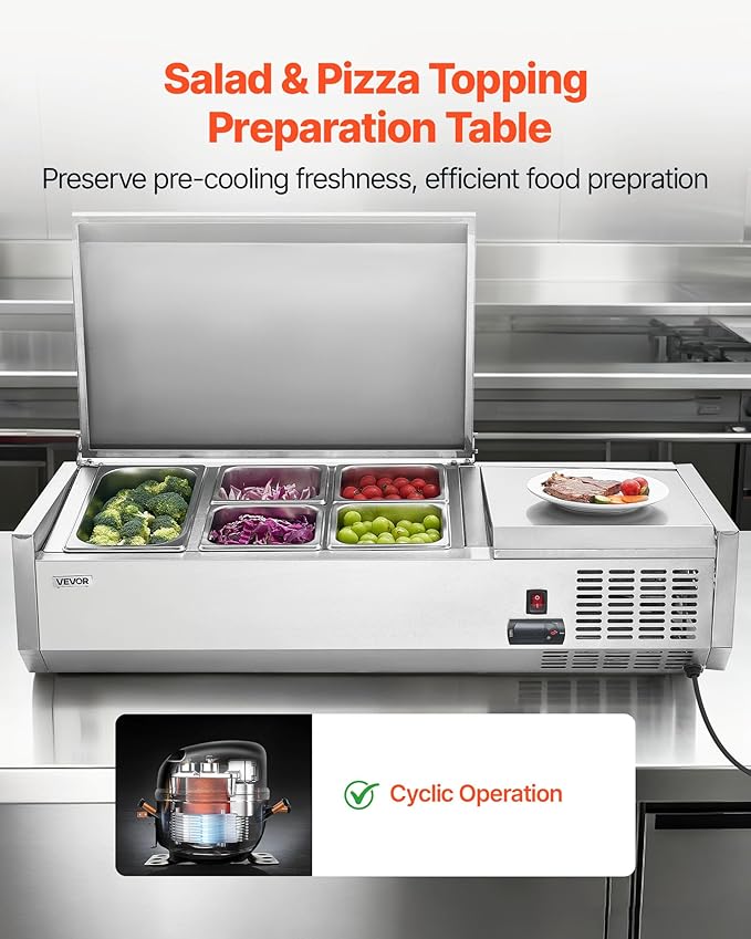 VEVOR Refrigerated Condiment Prep Station, 120 W Countertop Refrigerated Condiment Station, with One 1/3 Pan & Four 1/6 Pans, 304 Stainless Body and PC Lid, Sandwich Prep Table with Stainless Guard