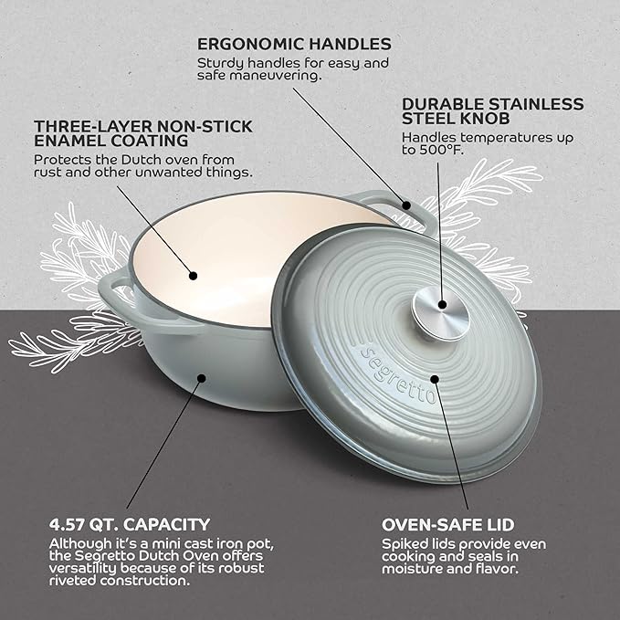 Segretto Cookware Enameled Cast Iron Dutch Oven Pot with Lid 4.57 Quarts, Grigio Scuro (Gradient Gray) Ceramic Dutch Oven Cast Iron Enameled Cookware with Handle Cooking Pot for Bread Baking, Cooking