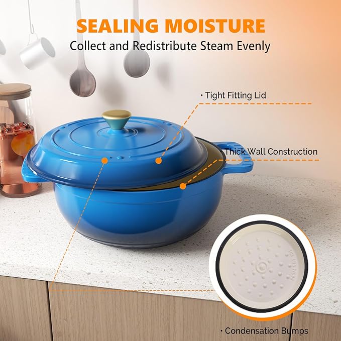 ROVSUN Enameled Cast Iron Round Dutch Oven, 7.5QT Pot with Lid &Dual Handles with Silicone Gloves,Oven Safe up to 500°F, Heavy-Duty Pre-Seasoned Cookware for Bread Baking, Braising, Stews, Roasting,Blue