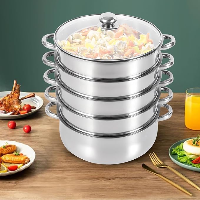 5 Tier Stainless Steel Steam Cooker Steamer Set Pan Cook Pot with Glass Lid USA