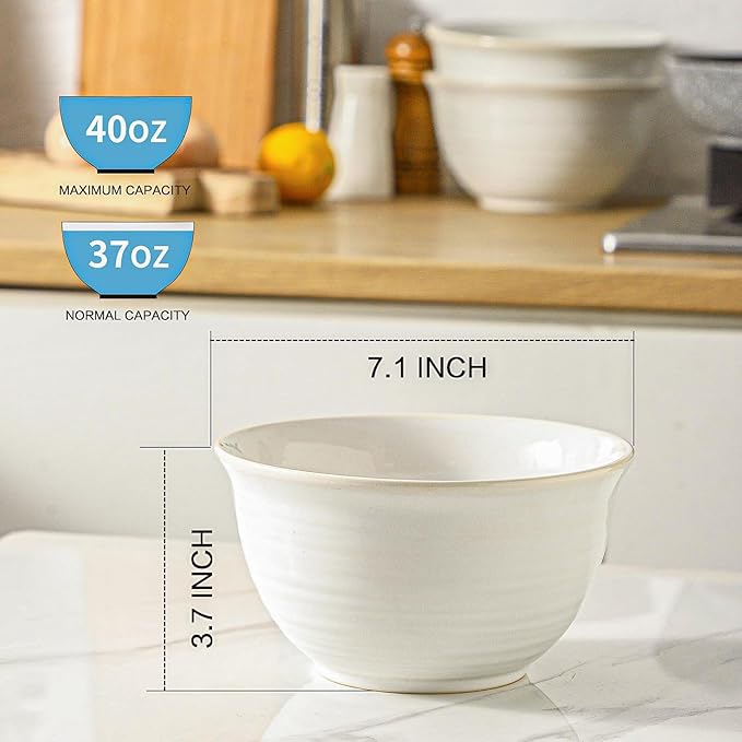 Soup Bowls, 40 Ounce Serving Bowls for Cereal Soup Salad Pasta Popcorn Oatmeal Breakfast, Durable Deep Ceramic Bowl Sets Suit For Housewarming, Microwave Safe & Dishwasher Safe, Arctic white