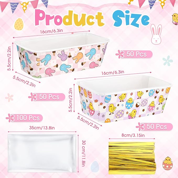 Honeydak 100 Sets Easter Paper Baking Pans Bulk Paper Loaf Pans for Baking 6.3 x 2.2 x 2.2 in Spring Disposable Serving Tray Bunny Chick Egg Patterns Party Supplies (Easter)