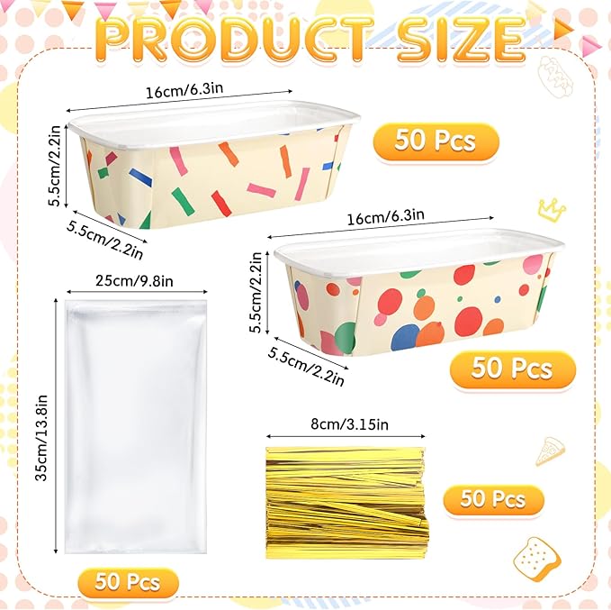 Honeydak 100 Sets Mini Loaf Pans Disposable Holiday Paper Baking Pans Bulk for Baking 6.3 x 2.2 x 2.2 in Mini Loaf Trays with Clear Plastic Packaging Bags and Ties Rectangle Food Trays (Confetti)