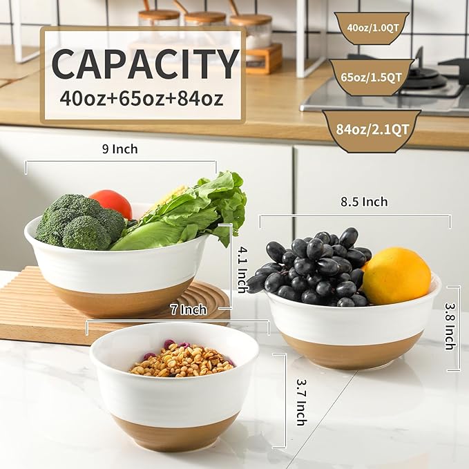 HASENSE Mixing Bowls, Large Ceramic Salad Bowls 2.1/1.5/1.0 Qt, Versatile Serving Bowls for Cooking, Baking, Salad Mixing, Prepping, Nesting White Bowl Set, Dishwasher Safe, Set of 3