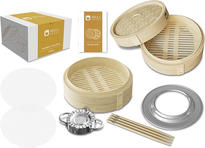Bamboo Steamer 11-inch 2 Tier Dumpling Steamer Basket with Lid & 4 Chopsticks, Reusable Silicone Liners,Ring Adapter, Bun, Dim Sum, Rice Potsticker Steaming Chinese Asian Food & Vegetables, Fish, Meat.