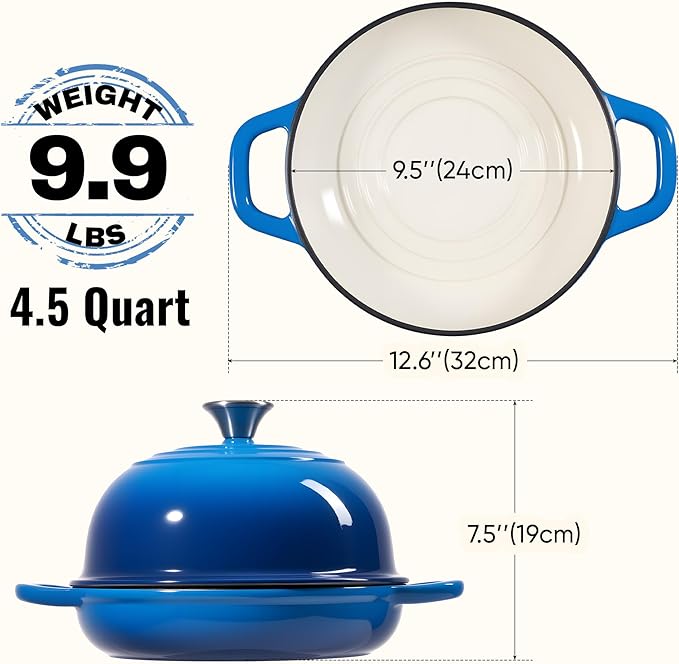 4.5 QT Dutch Oven for Bread Baking, Cast Iron Bread Oven for Sourdough, Enamelled Bread Dutch Oven with Lid, Heavy-Duty Non Stick Bread Pot, Blue