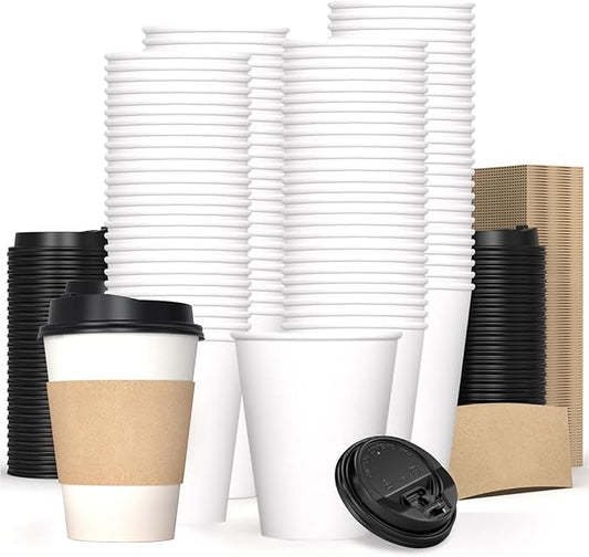 50 Pack 12 oz Compostable Coffee Cups with Lids and Straws, Biodegradable PLA Paper Cups, Eco-Friendly Disposable To Go Cups for Hot and Cold Drinks, White Bulk Cups for Office, Party, Travel
