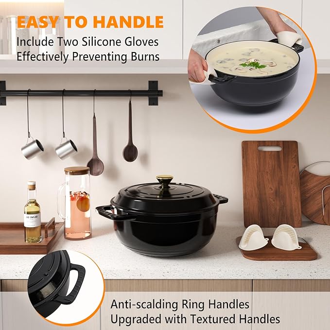 ROVSUN Enameled Cast Iron Round Dutch Oven, 7.5QT Pot with Lid &Dual Handles with Silicone Gloves,Oven Safe up to 500°F, Heavy-Duty Pre-Seasoned Cookware for Bread Baking, Braising, Stews, Roasting,Black