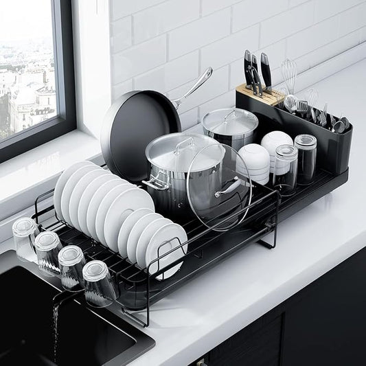 Large Dish Drying Rack-Extendable DishRack, Multifunctional Dish Rack for KitchenCounter, Anti-Rust Dish Drainers with Cutlery &Cup Holders 19.2"-26.7" Lx12.9 W