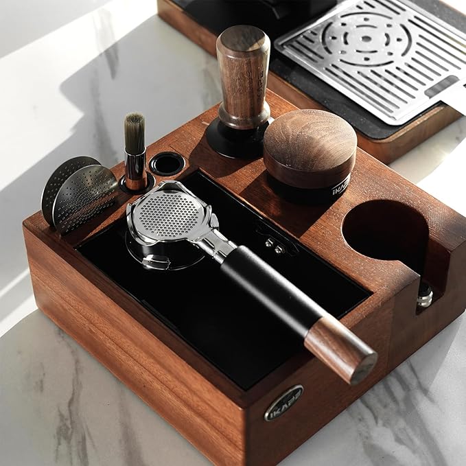 IKAPE V2 Espresso Knock Box, Espresso Coffee Organizer Box Fit for Storage 51mm 53/54mm 58mm Espresso Tamper, Distributor, Portafilter & Puck Screen Accessories, Natural Walnut Station Base (8 IN One)
