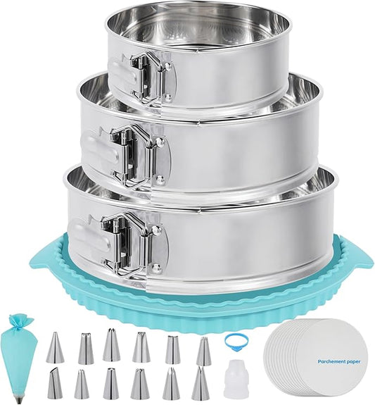 Aufind Springform Pan Set for Baking (7,9,10inches), 304 Stainless Steel Springform Cake Pan with Removable Bottom, Cheesecake Pan with 50PCS Parchment Paper for Pie Cake Pizza and Quiches