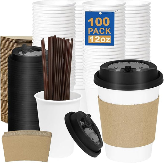 12 oz 100 Pack Coffee Cups with Lids and Sleeves, Straws, Hot Disposable To Go Travel Paper Cups Bulk for Office, Home Coffee Bar Accessories, Chocolate, Cocoa, Beverage (White)
