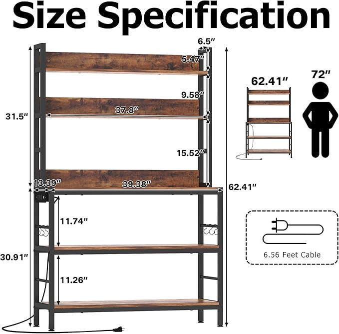 Kitchen Baker’s Rack with Power Outlet, 5-Tier Free Standing Storage Shelf Rack with Hooks, Kitchen Shelves with Storage,Industrial Microwave Stand Shelf for Dining Room,Coffee Bar for Spaces