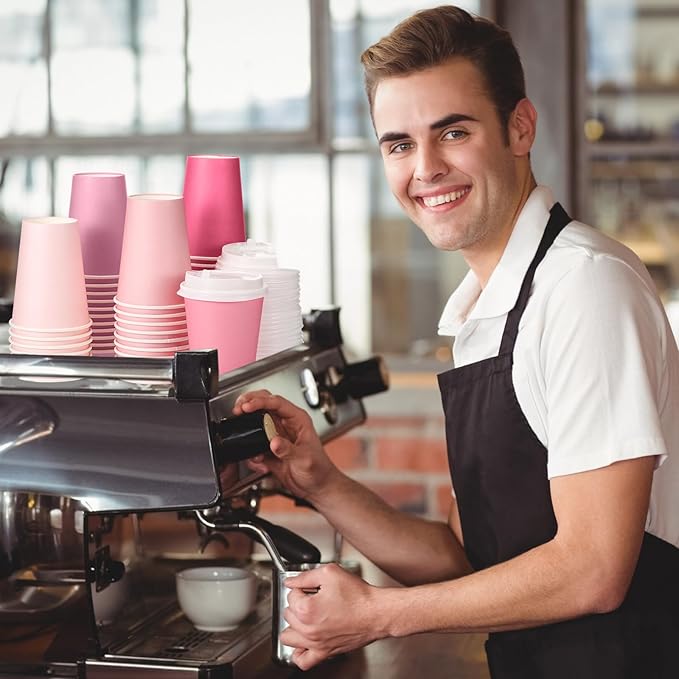 48 Pcs 12 oz Disposable Coffee Cups with Lids and Sleeves Bulk, Insulated Hot Chocolate Paper Cup for Hot and Cold Beverage Water Juice Cocoa Tea Party Restaurants Travel Supplies (Gradient Pink)