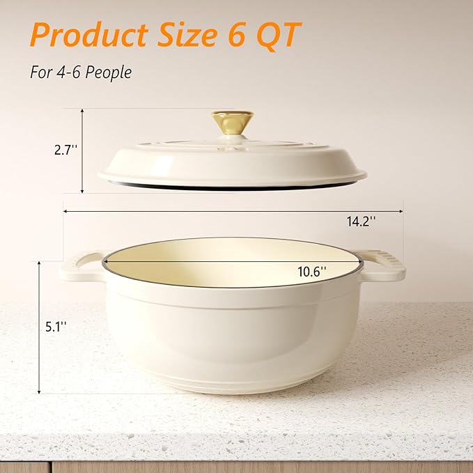 Bonnlo 6QT Round Dutch Oven, Enameled Cast Iron Dutch Oven Pot with Lid & Dual Handles, Oven Safe Up to 500° F, for Sourdough, Bread Baking, Stews and Roasting, White