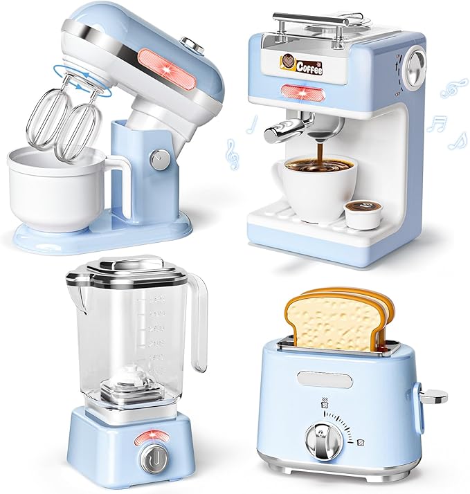 Kids Kitchen Toys Set, BPA-Free 7 Piece Pretend Play Appliances with Light Sound, Coffee Maker Blender Stand Mixer Toaster for Toddlers Ages 3 Plus, Educational Role Play Gift (Blue)