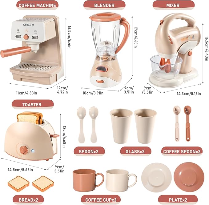 Kids Assorted Kitchen Appliance Play Toys Includes Coffee Maker ,Blender,Fruit Machine and Toaster ,Apron and Cups,with Realistic Lights& Sounds,Learning Gift for Toddlers Baby Girls Boys