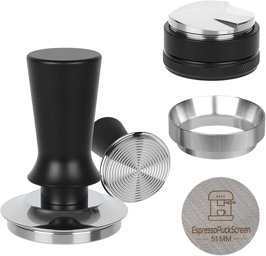 51mm Espresso Tamper Kit - Spring-loaded Coffee Tamper, Adjustable Depth Espresso Distributor Leveler, Magnetic Dosing Funnel Aluminum Metal, Reusable Puck Screen, Fit Delonghi 51mm Portafilters