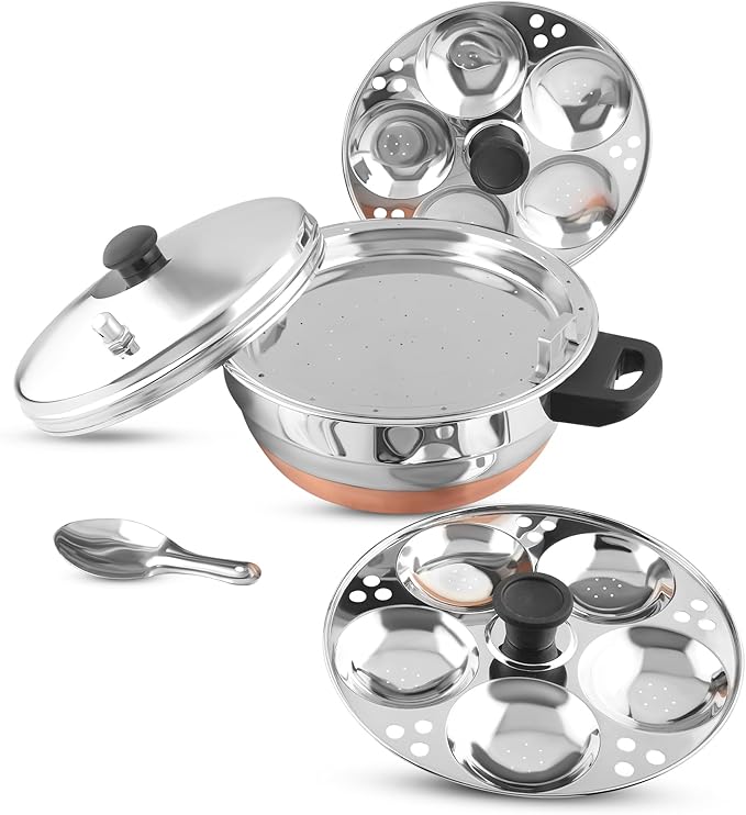 All in One Copper Bottom Idli Cooker 4 pcs Multi Kadai with Stainless Steel lid, 2 idli Plates (10 Idlis) 1 Steamer and 1 Idli Spoon with Whistle, Silver