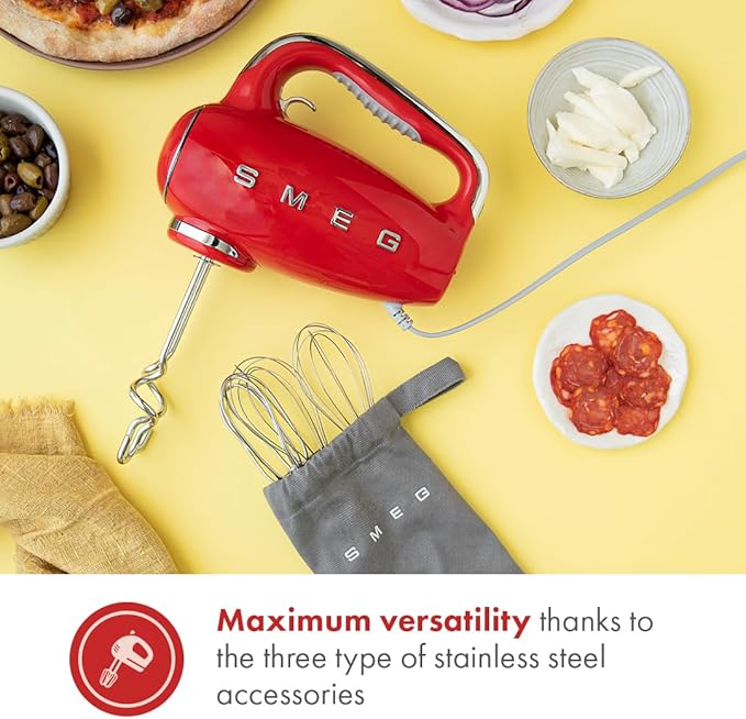SMEG HMF01 9-Speed Retro Hand Mixer – 220W Motor, Smooth Start, Turbo Function, LED Timer Display, Stainless Steel Whisks, Beaters & Dough Hooks, Premium Die-Cast Aluminum Body