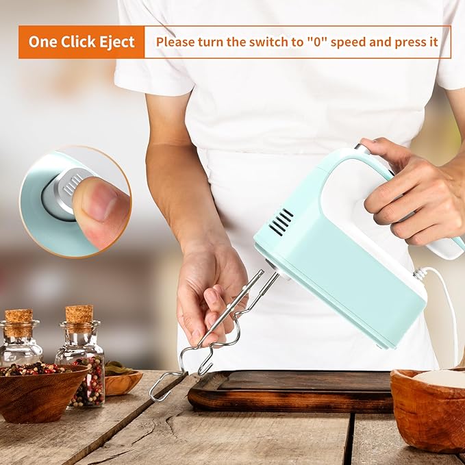 9-Speed Digital Hand Mixer Electric, 400W Powerful DC Motor, Hand Mixer Electric Handheld with Snap-On Storage Case, 5 Stainless Steel Accessories, Beaters, Dough Hooks, Whisk(Ice Blue/White)