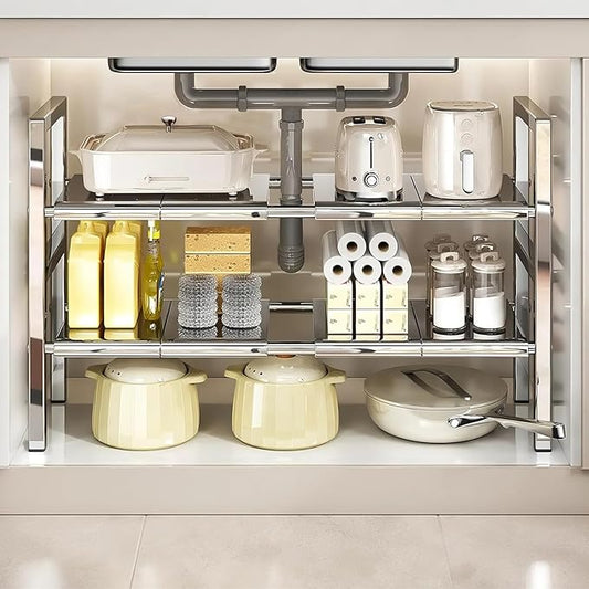 Large Under Sink Organizer 2 Tier Expandable Heavy Stainless Steel Shelf Adjustable Height for Under Kitchen Bathroom Sink Organizers and Storage (Large Size: 8 Panels)