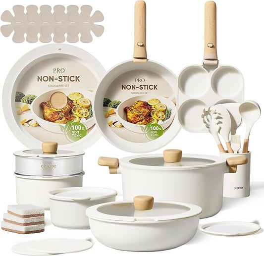 CAROTE 33pcs Pots and Pans Non Stick, Cookware Sets Detachable Handle, Induction Kitchen Pots and Pans, NonStick Cooking Set, Oven/Dishwasher/Fridge Safe, Space Saving