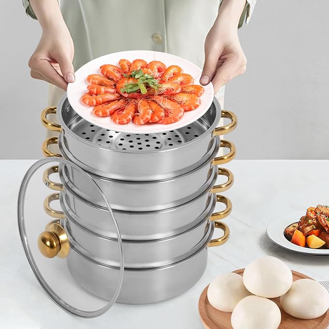 Stainless Steel Steamer Pots, Non-Stick Meat Vegetable Cooking Steam Pot Kitchen Steamer Cooker Dumpling Steamer Cookware Steaming Pots for Induction Cookers, Electric Ceramic Stoves (5-Tier, 28cm)