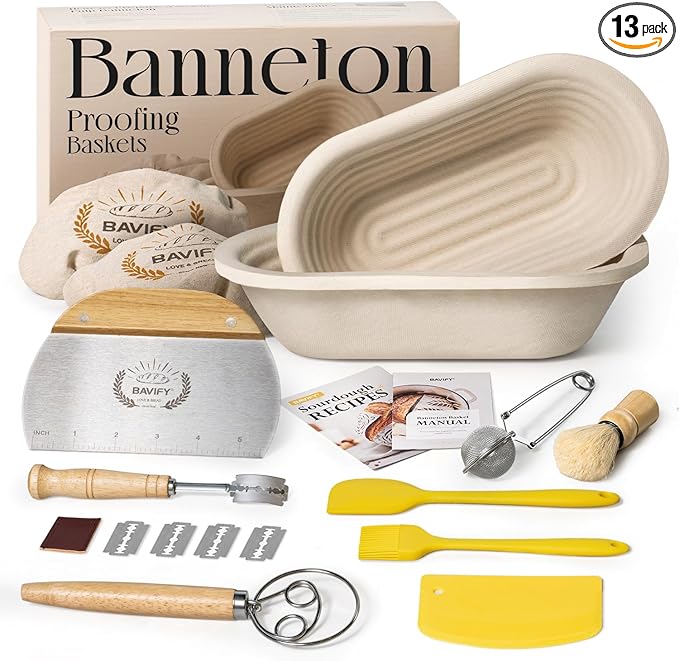 Sourdough Starter Kit, 11" Oval Wood Pulp Banneton Bread Proofing Baskets Set, Sourdough Bread Baking Supplies Making Tools with Dough Scraper, Whisk, Bread Lame, Recipe