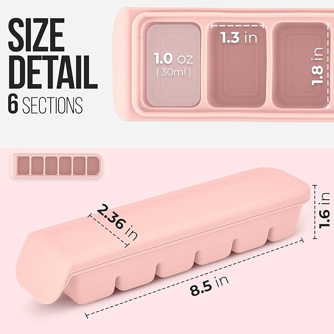 1 oz/6 Sections Silicone Ice Cube Freezer Tray with Lid, 100% Food-Grade Platinum Silicone,Leak Resistance & Dishwasher Safe for Baby Food Prep,Breast Milk,Purees - Korean Made, Pastel Pink