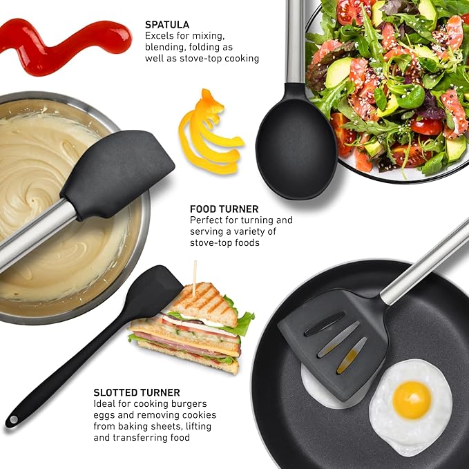 Silicone Kitchen Utensils Set 33 PCS silicone utensils set for cooking with Stainless Handles - Heat Resistant Food Grade Utensil Sets, BPA Free Kitchen Gadgets Tools Set for Nonstick Cookware (Black)